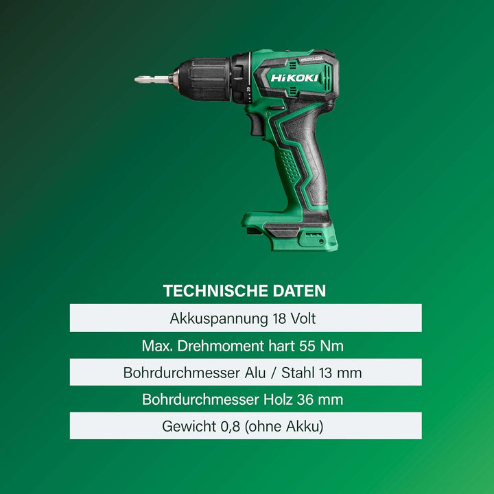 HIKOKI Akku Bohrschrauber DS18DDWRZ, Bohrfutterweite: 1,5-13 mm (18V, 2,0 Ah Li-ion Akku, Max. Festd