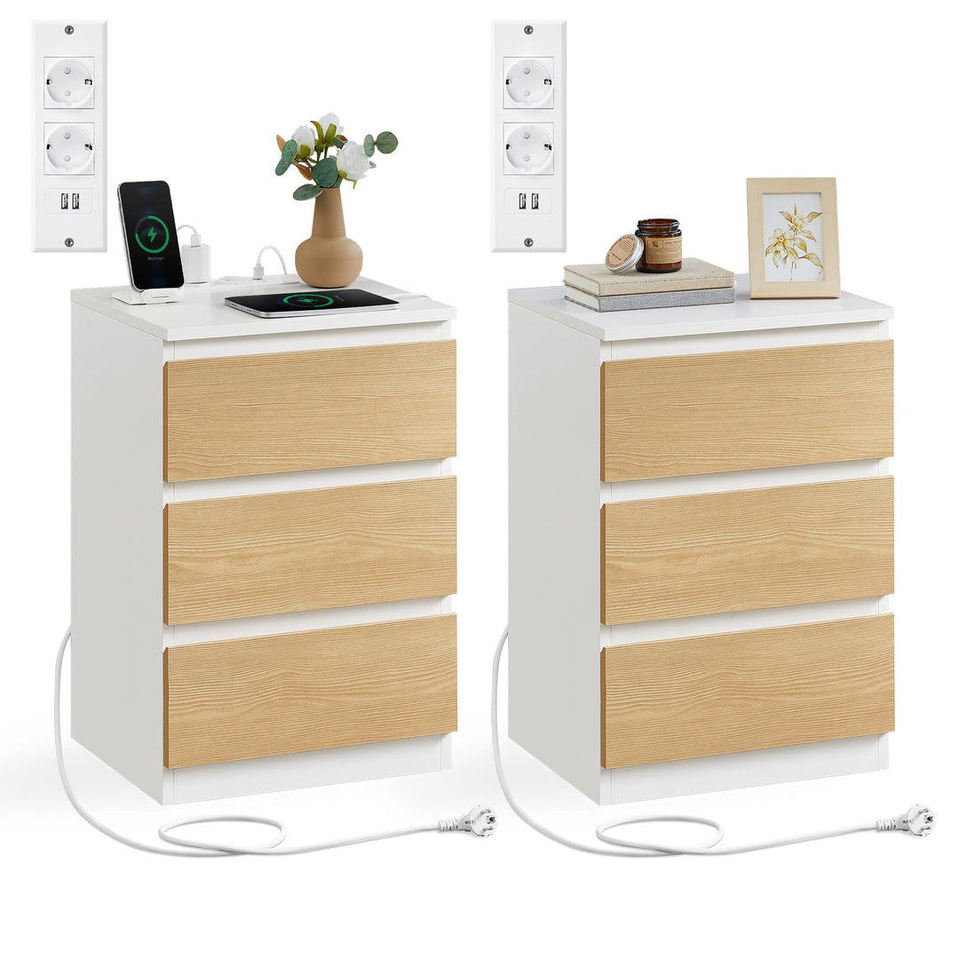 VASAGLE Kailyn Collection - Nachttisch mit Steckdosenleiste, 2er Set, Beistelltisch, 3 Schubladen, 2