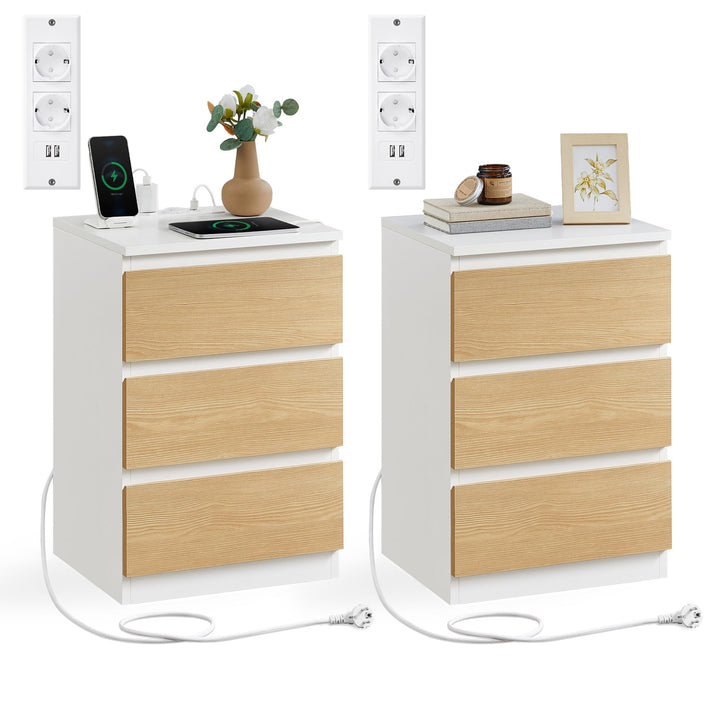 VASAGLE Kailyn Collection - Nachttisch mit Steckdosenleiste, 2er Set, Beistelltisch, 3 Schubladen, 2