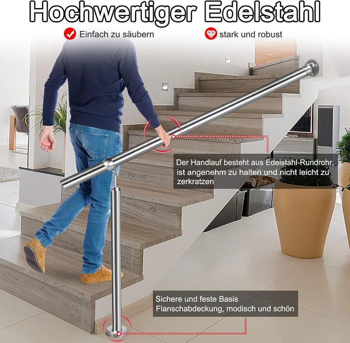 NAIZY Handlauf Edelstahl 180x90cm Treppengeländer Aussen-Innen Eingangsgeländer für Treppen Wand Gel