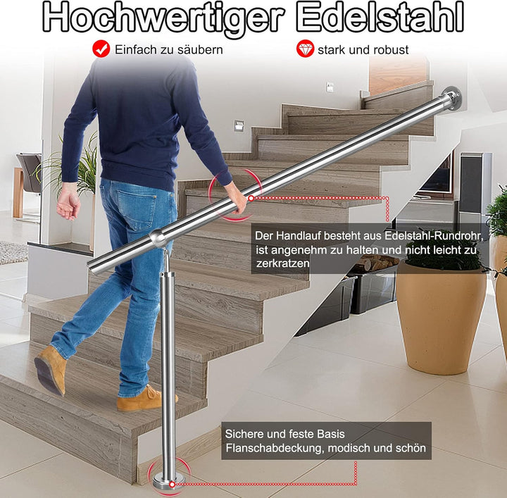 Edelstahl Eingangsgeländer Treppengeländer 150cm Handlauf Geländer für Treppen Pflegeleicht Wandhand