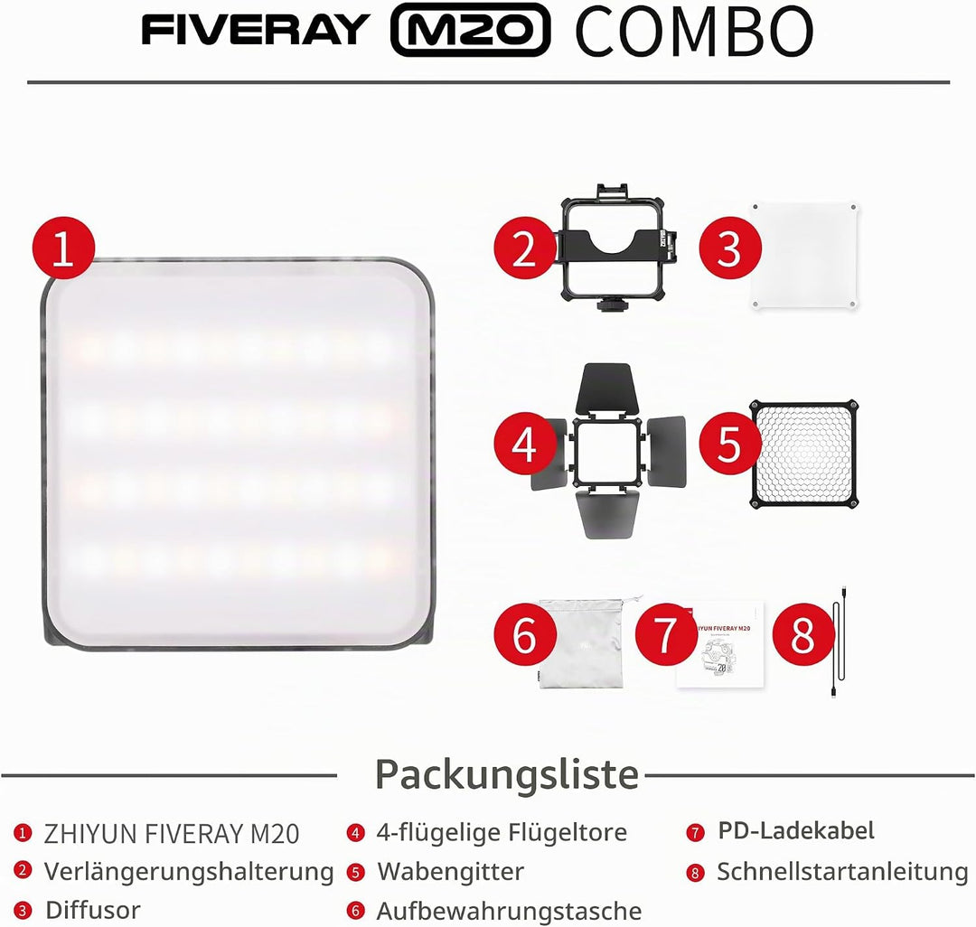 ZHIYUN Fiveray M20 Combo [Official] Videolicht 20W, Bi-Color LED Streaming Licht, Magnetisch Videole