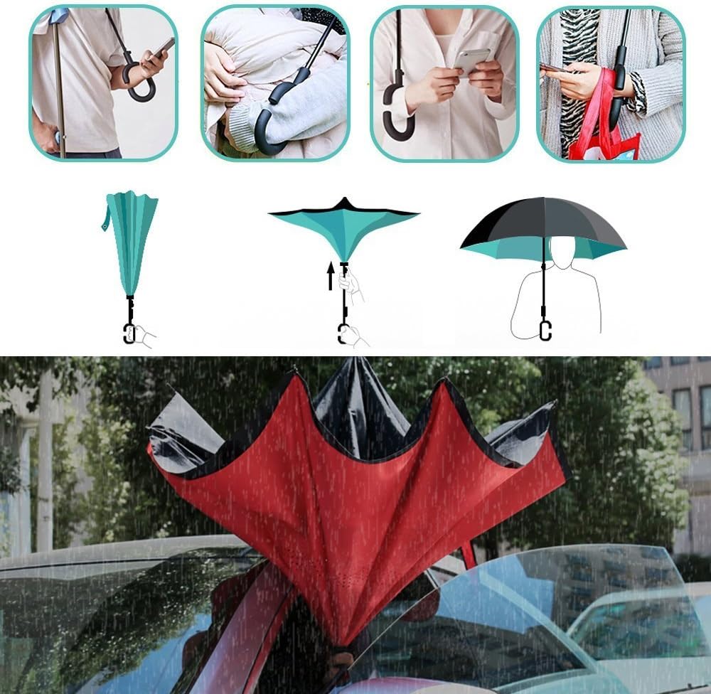 Umdrehbarer Regenschirm mit 2 Flächen, C-förmiger Griff, rückseitig faltbarer Regenschirm, Anti-UV,