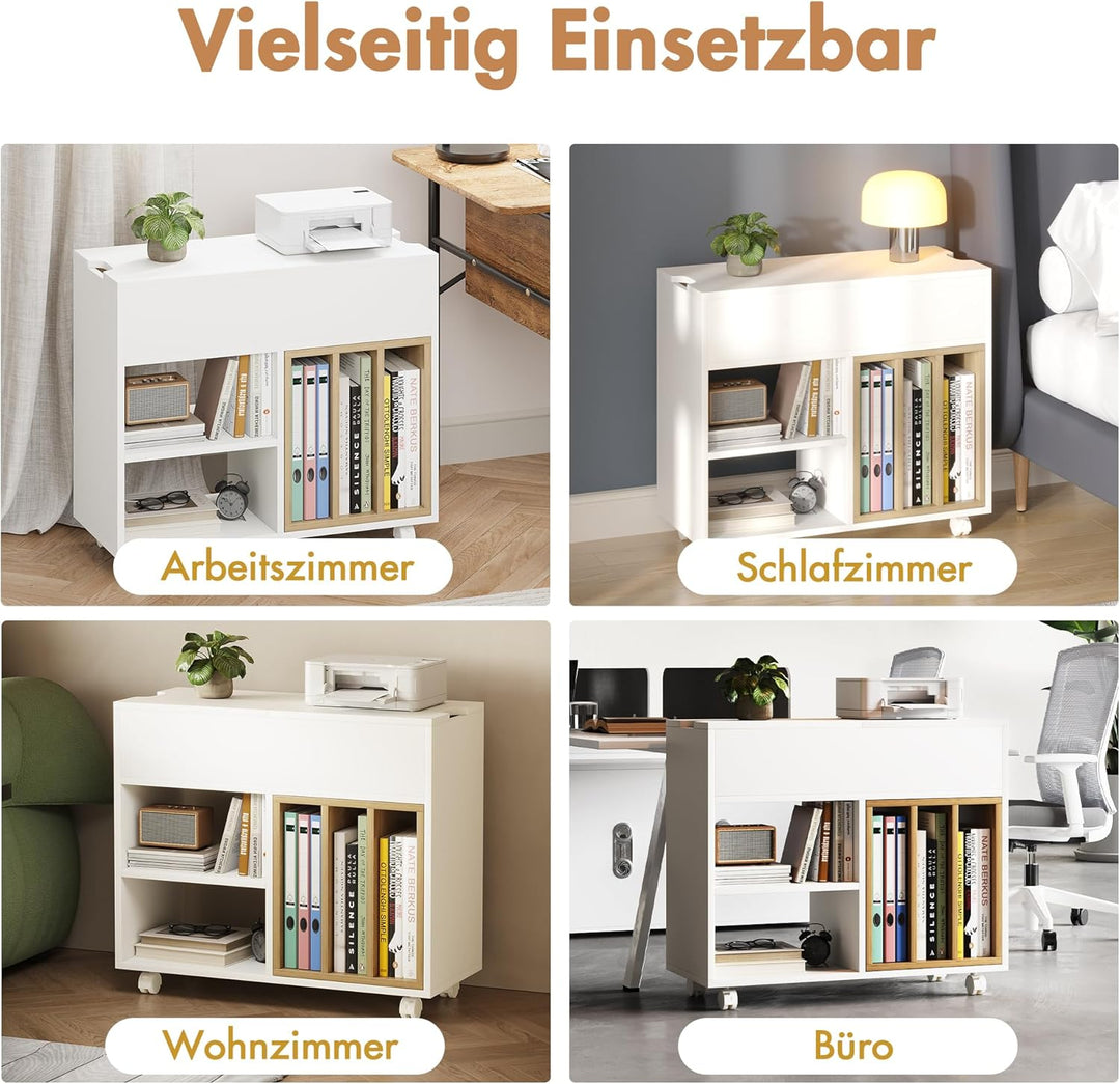 Rollcontainer,Mobiler Aktenschrank mit 4 Rollen,Büroschrank mit Abnehmbarer Bücherablage,2 Klappdeck