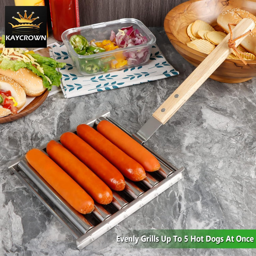 KAYCROWN Hot Dog Roller Edelstahl Wurstroller Rack mit extra langem Holzgriff, BBQ Hot Dog Griller f