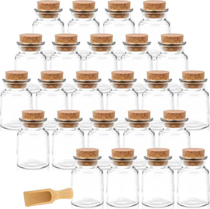mikken 24 Gewürzgläser 150ml mit Korken – runde Glasbehälter mit Kork-Verschluss inkl. Holzschaufel