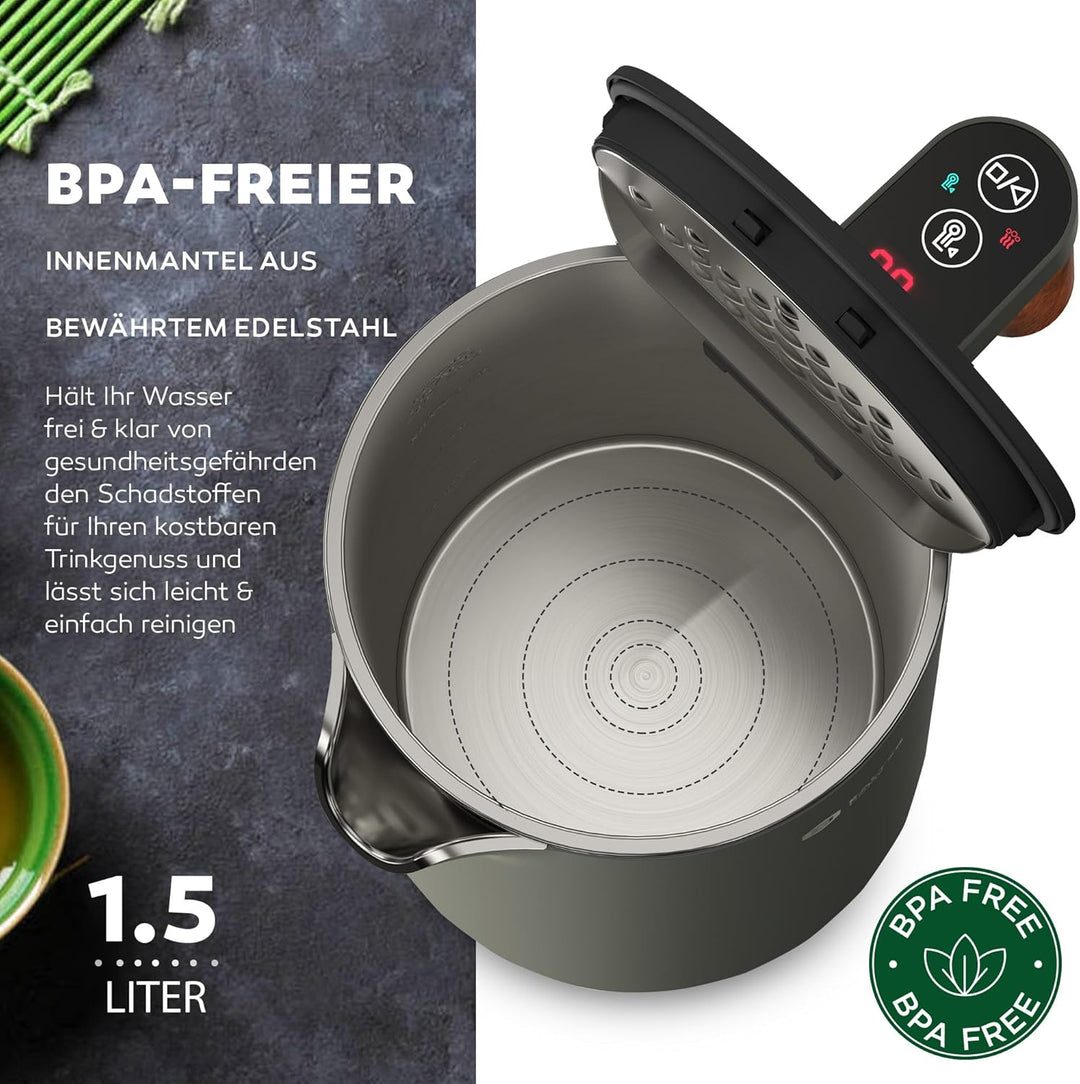 BALTER Edelstahl Wasserkocher mit Temperatureinstellung, 45°C-100°C, Doppelwand, BPA frei, leise & k