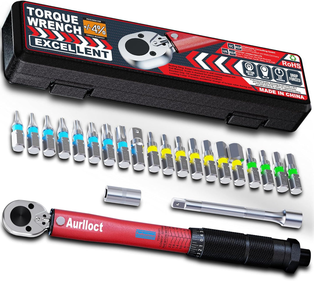 Aurlloct Drehmomentschlüssel 1/4 Zoll 2-24 Nm Satz, Fahrrad & Motorrad, 23-tlg. inkl. Verlängerung m