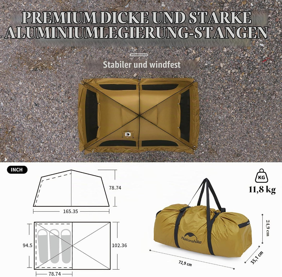 Naturehike Campingzelt 2-4 &amp; 3-6 Personen Thermozelt Hot Tent mit Herdwagenheber PU3000mm UPF50+ mit