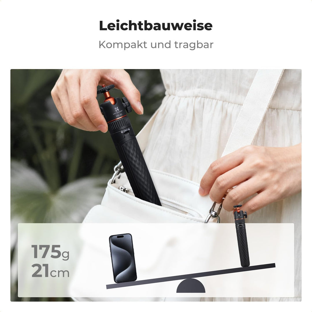 K&F CONCEPT MS-62 65cm Selfie Stick, leicht tragbares Kamera Handy Stativ mit 1/4"-Schraubschnittste