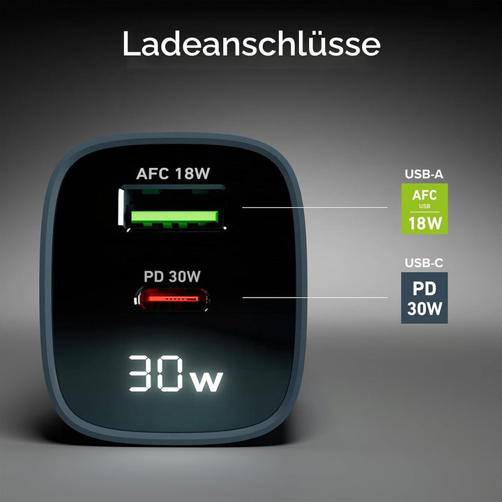 SBS Mehrport-Ladegerät 30W mit LCD, 1 USB-C-Anschluss und 1 USB-A-Anschluss, EU-Stecker, Power Deliv