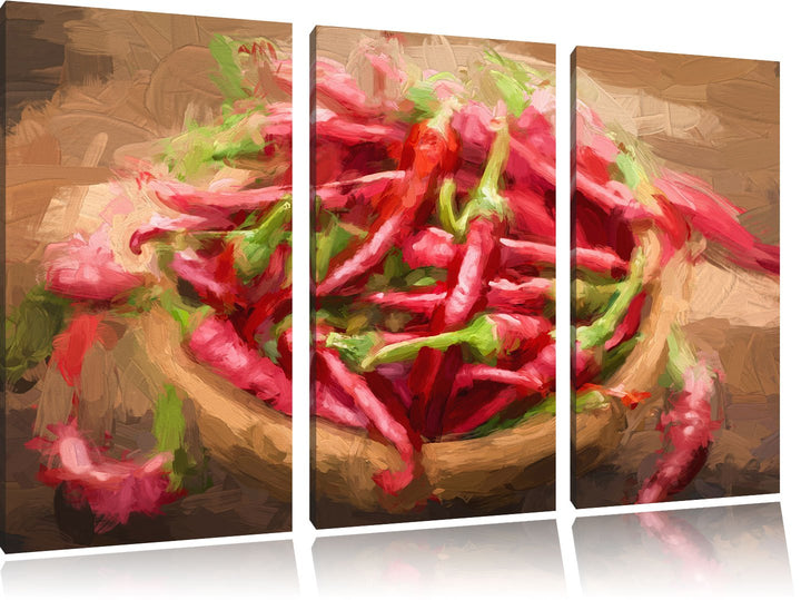 Pixxprint Scharfe Chilishoten Pinsel Effekt 3-Teiler Leinwandbild 120x80 Bild auf Leinwand