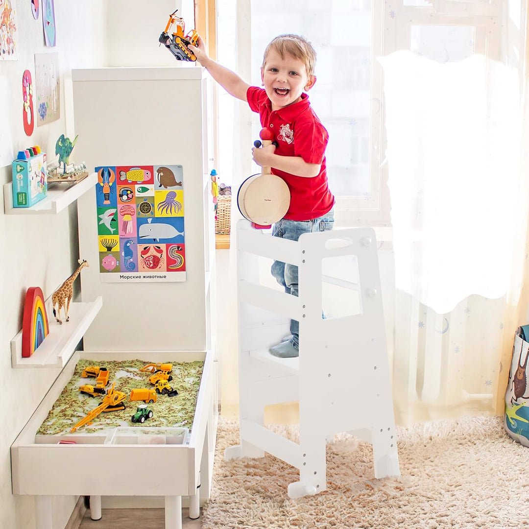 LUE BONA Lernturm für ab 1 Jahr,Kinderküchen Tritthocker mit Sicherheitsschienen,höhenverstellbarer