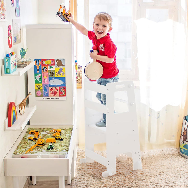 LUE BONA Lernturm für ab 1 Jahr,Kinderküchen Tritthocker mit Sicherheitsschienen,höhenverstellbarer