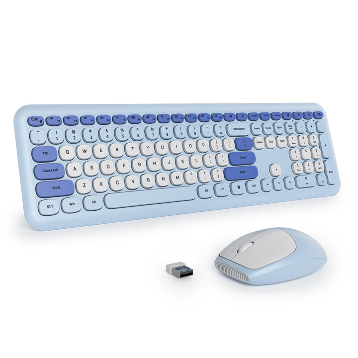 Tastatur und Maus Kabellos, Retro Bunt Tastatur Funktastatur mit Stille Mouse Amerikanisch QWERTY, C