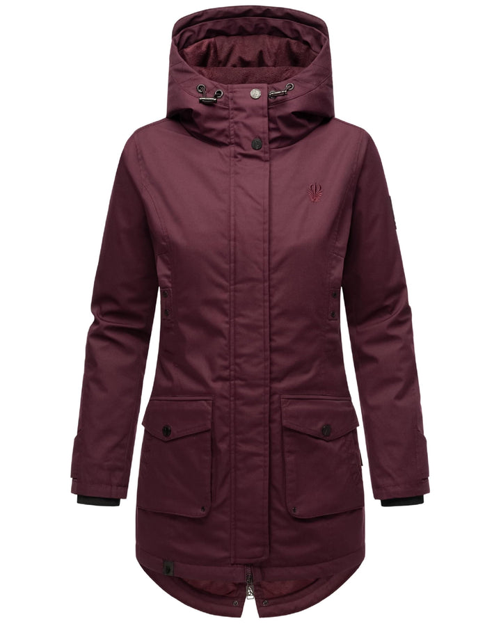 Navahoo Damen Übergangsjacke Warmer Kurzmantel Regenjacke mit Kapuze Brinjaa XS-XXL S Wine, S Wine