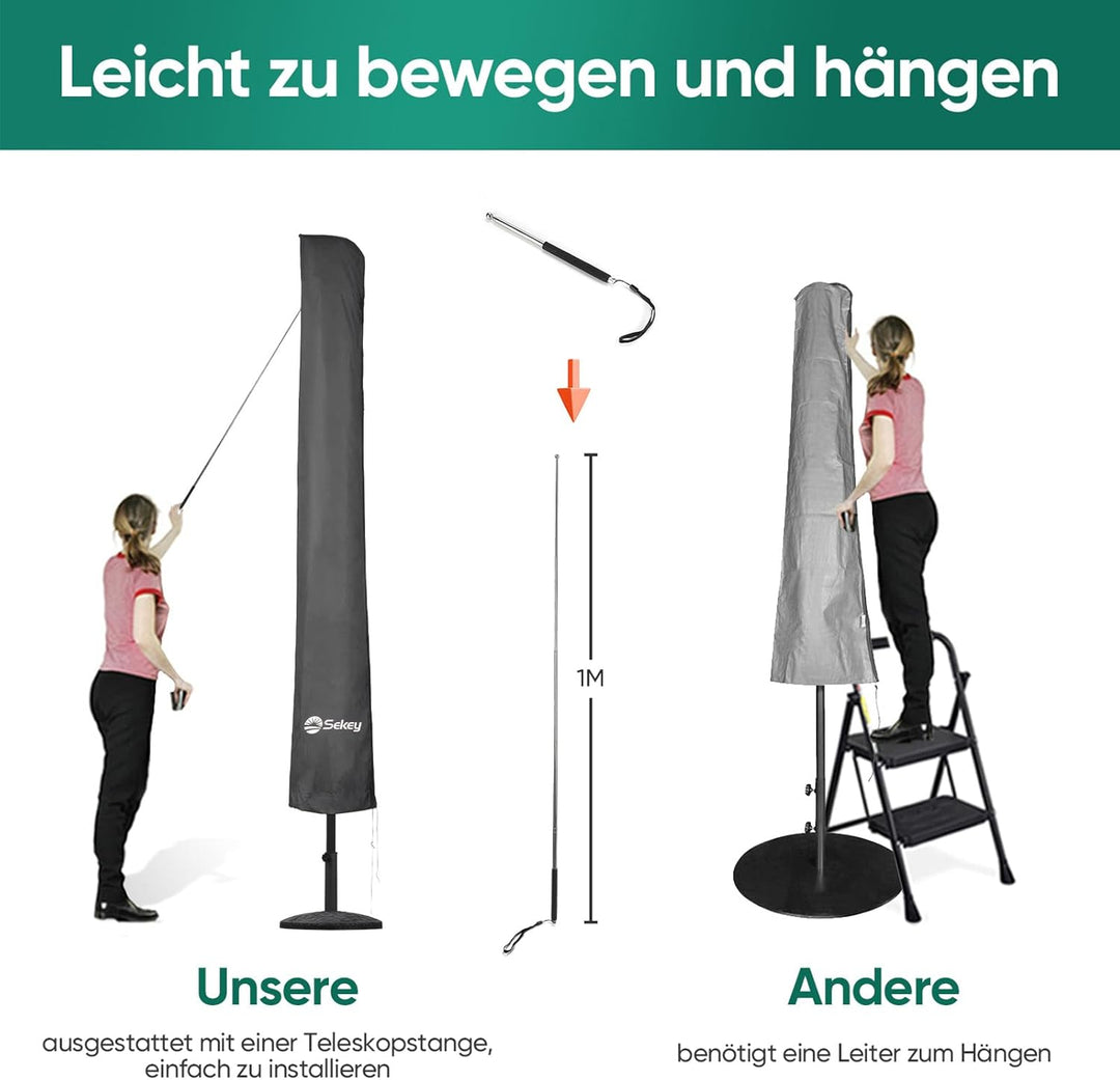 Sekey Sonnenschirm Schutzhülle mit Stab, Abdeckhauben für Ø 400cm / 240x330cm Gartenschirm, 220×30/5