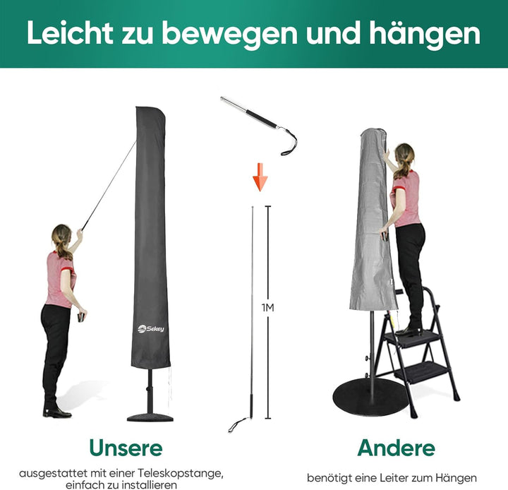 Sekey Sonnenschirm Schutzhülle mit Stab, Abdeckhauben für Ø 400cm / 240x330cm Gartenschirm, 220×30/5