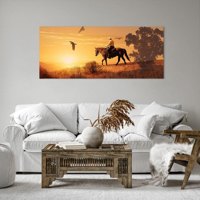 Wandbilder Dekoration Wohnzimmer Pferd Cowboy Bauernhof Reiten Panorama Bilder auf Leinwand 120x50cm