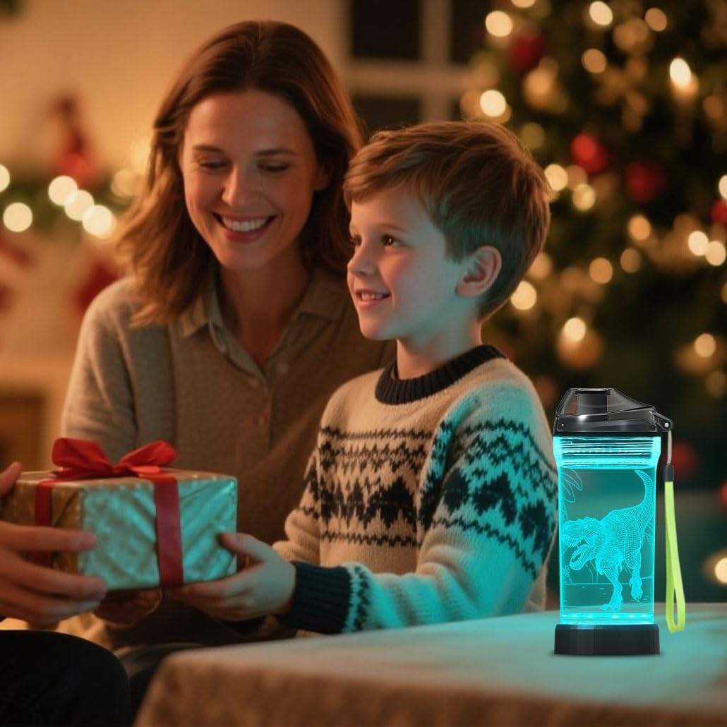 Lightzz Kids Wasserflasche mit 3D leuchtendem Dinosaurier LED Licht - 14 OZ Tritan BPA Free - Kreati