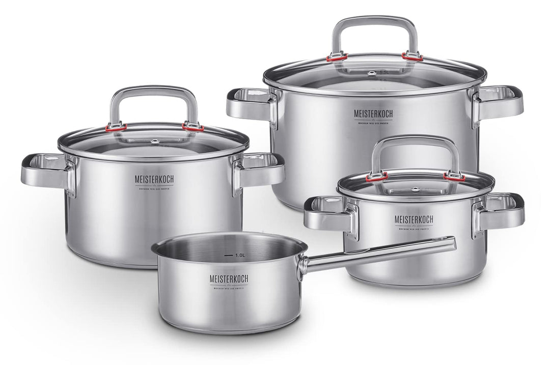 MEISTERKOCH Premium-Topfset aus rostfreiem Edelstahl | Profi-Kochgeschirr 4-teilig inklusive 3 Glasd