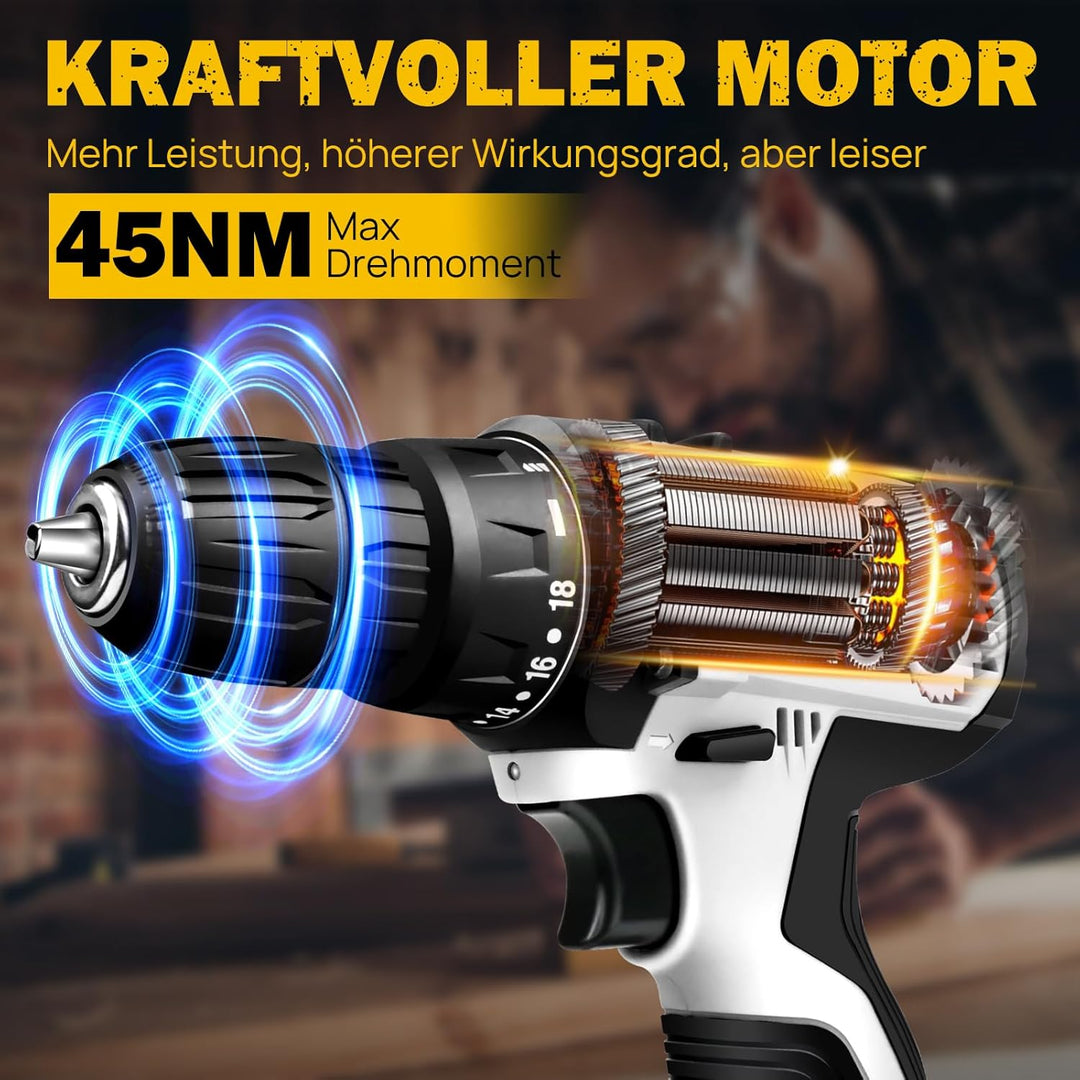 Akku-Bohrschrauber Akkubohrer 16,8V Akkuschrauber Set mit 2×1,5Ah Akkus, LED Arbeitslicht, 2-Gang, 4