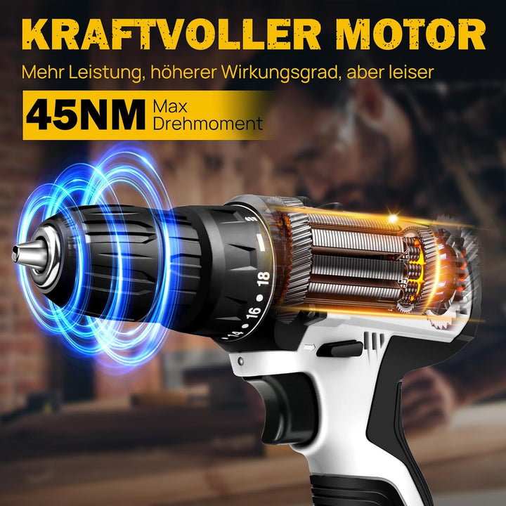 Akku-Bohrschrauber Akkubohrer 16,8V Akkuschrauber Set mit 2×1,5Ah Akkus, LED Arbeitslicht, 2-Gang, 4