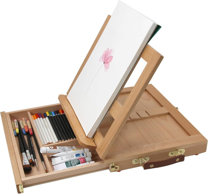 Paintersisters Tischstaffelei Lisa - Sitzstaffelei mit Schublade, Kofferstaffelei Massiv Holz, Ateli