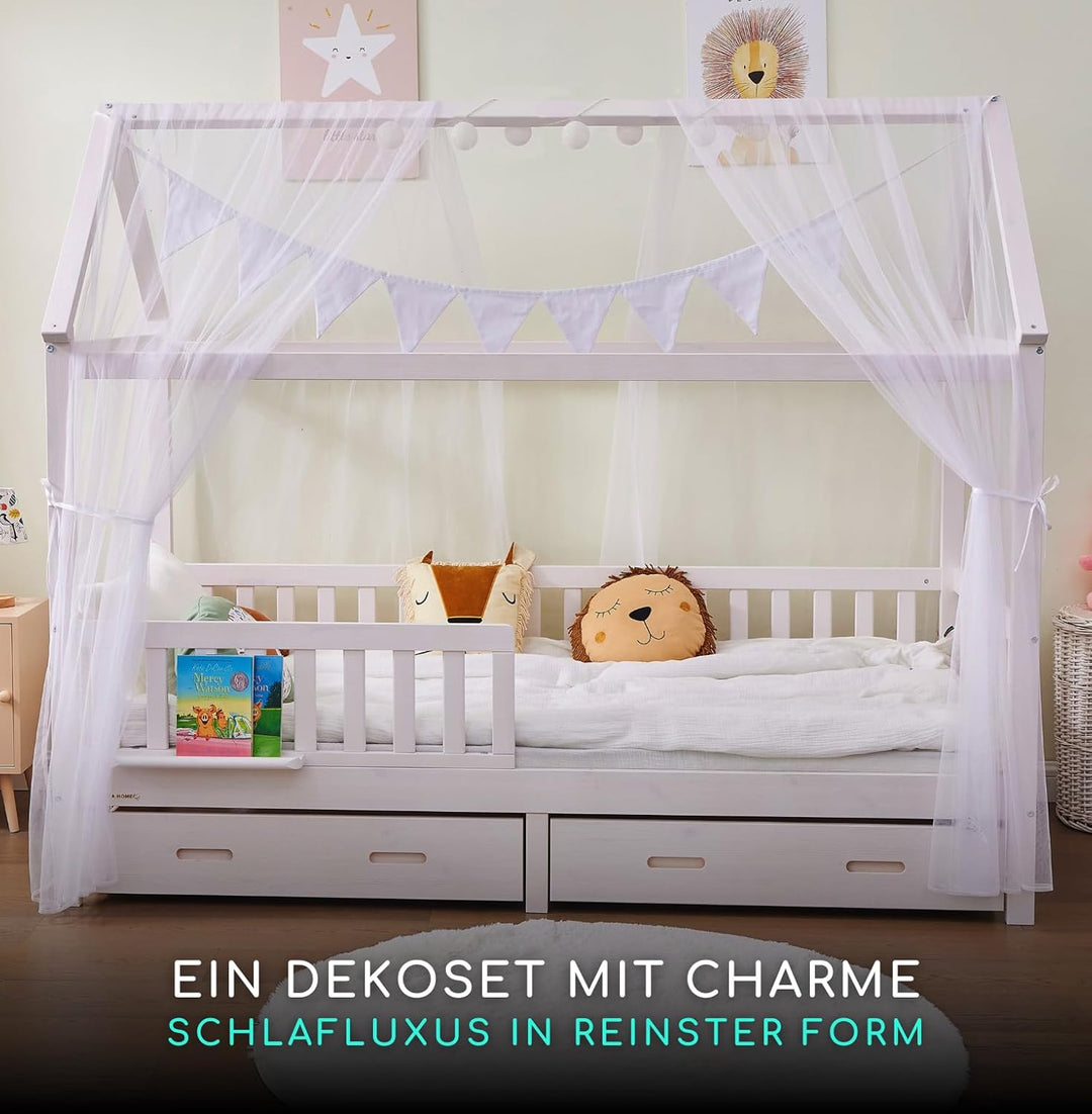 Gemütliches Hausbett Deko Set 3-TLG Hausbett Himmel, Ohne Lichterkette – 2X Betthimmel + Wimpelkette