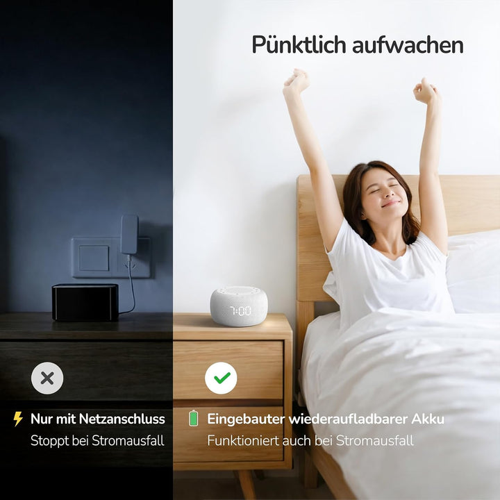 BUFFBEE Radiowecker mit wiederaufladbarer Batterie, Bluetooth-Lautsprecher & Nachtlicht – Kompaktes