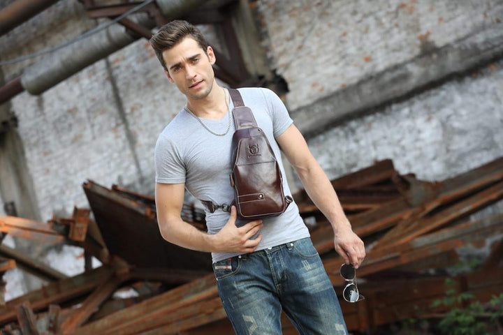 BULLCAPTAIN Herren Tasche Leder Sling Bag Schulter Rucksack Schultertasche Brusttasche Wasserresiste