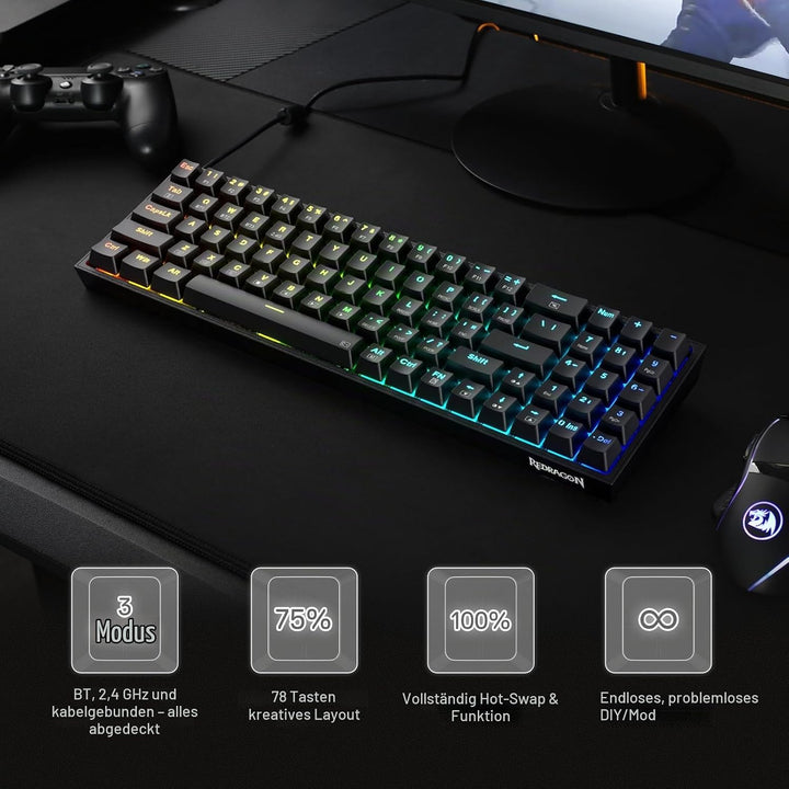Redragon BS136 Gaming-Tastatur- und -Maus-Kombination, 75% K628 Tri-Mode-kabellose mechanische RGB-T
