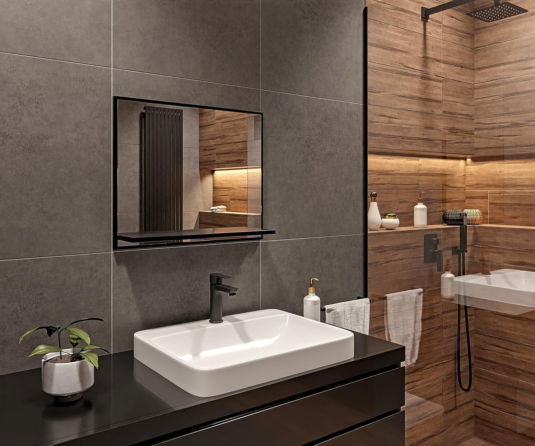Badspiegel mit Ablage Schwarz - H:50 x B: 60 cm - Bathroom Mirror – Wandspiegel mit Regal – Badezimm