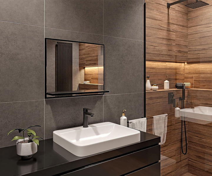 Badspiegel mit Ablage Schwarz - H:50 x B: 60 cm - Bathroom Mirror – Wandspiegel mit Regal – Badezimm