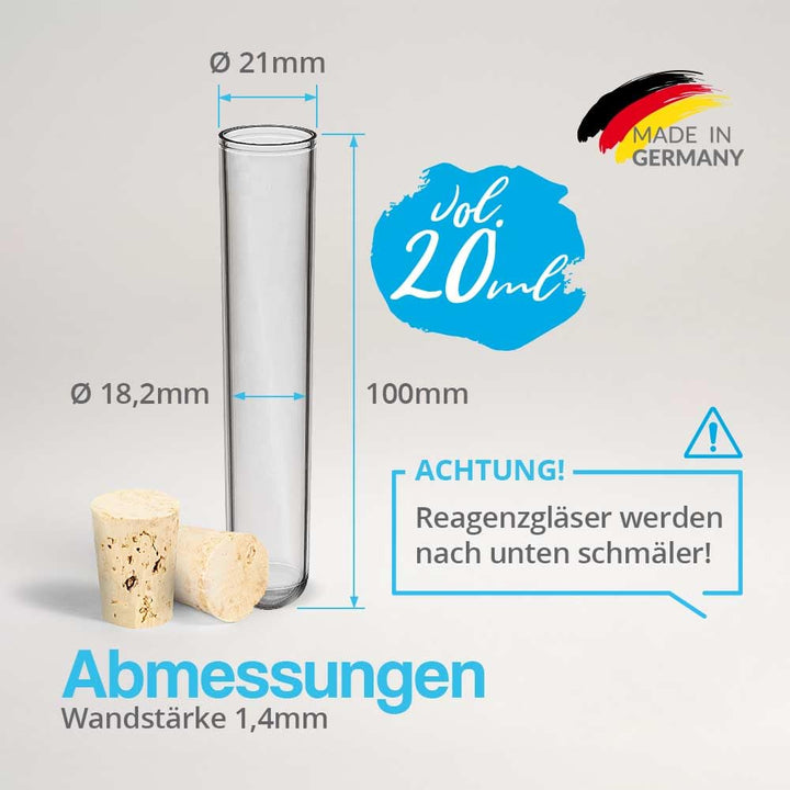 Tuuters 100x Kunststoff Reagenzgläser mit Korken (Naturkorken), Reagenzröhrchen (100 x Ø 21mm), 100