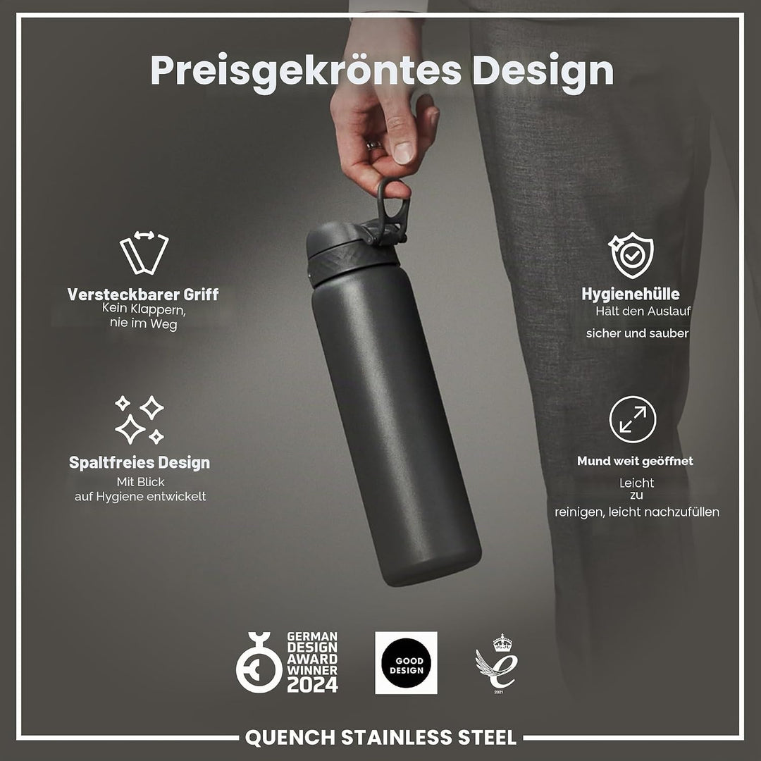 Ion8 1 Liter Edelstahl Trinkflasche, Auslaufsicher, Einhandöffnung, Sichere Verriegelung, Spülmaschi