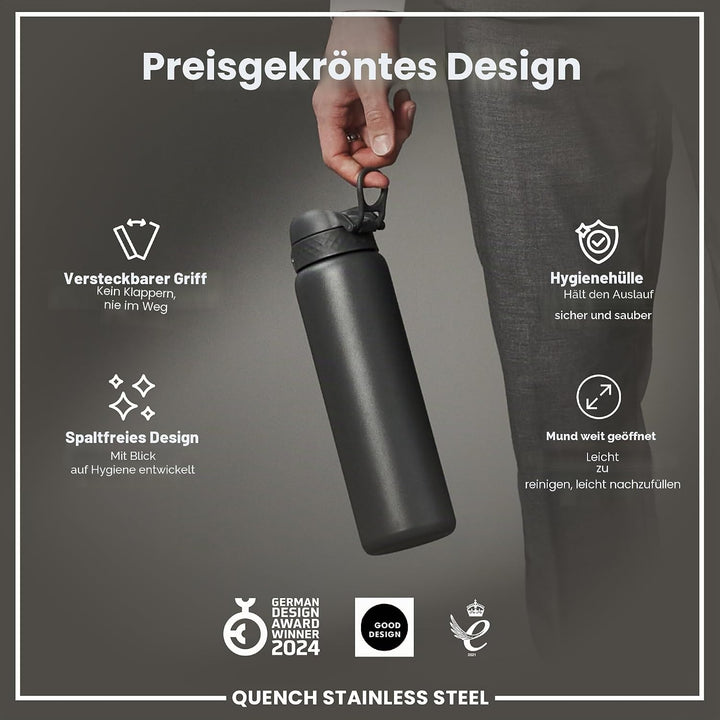 Ion8 1 Liter Edelstahl Trinkflasche, Auslaufsicher, Einhandöffnung, Sichere Verriegelung, Spülmaschi