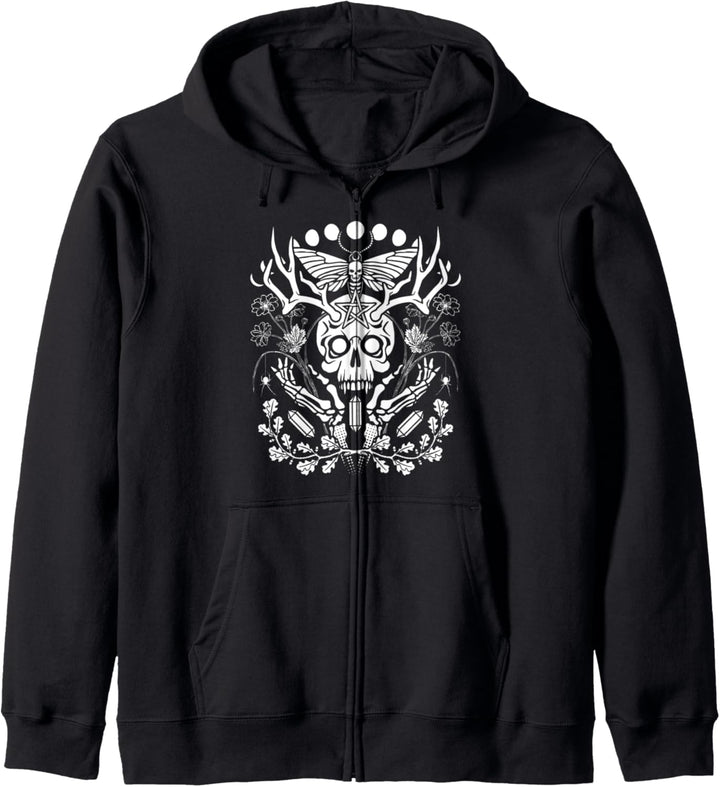 Nature Witch Skull and Death's Head Moth, Moons & Crystals Kapuzenjacke