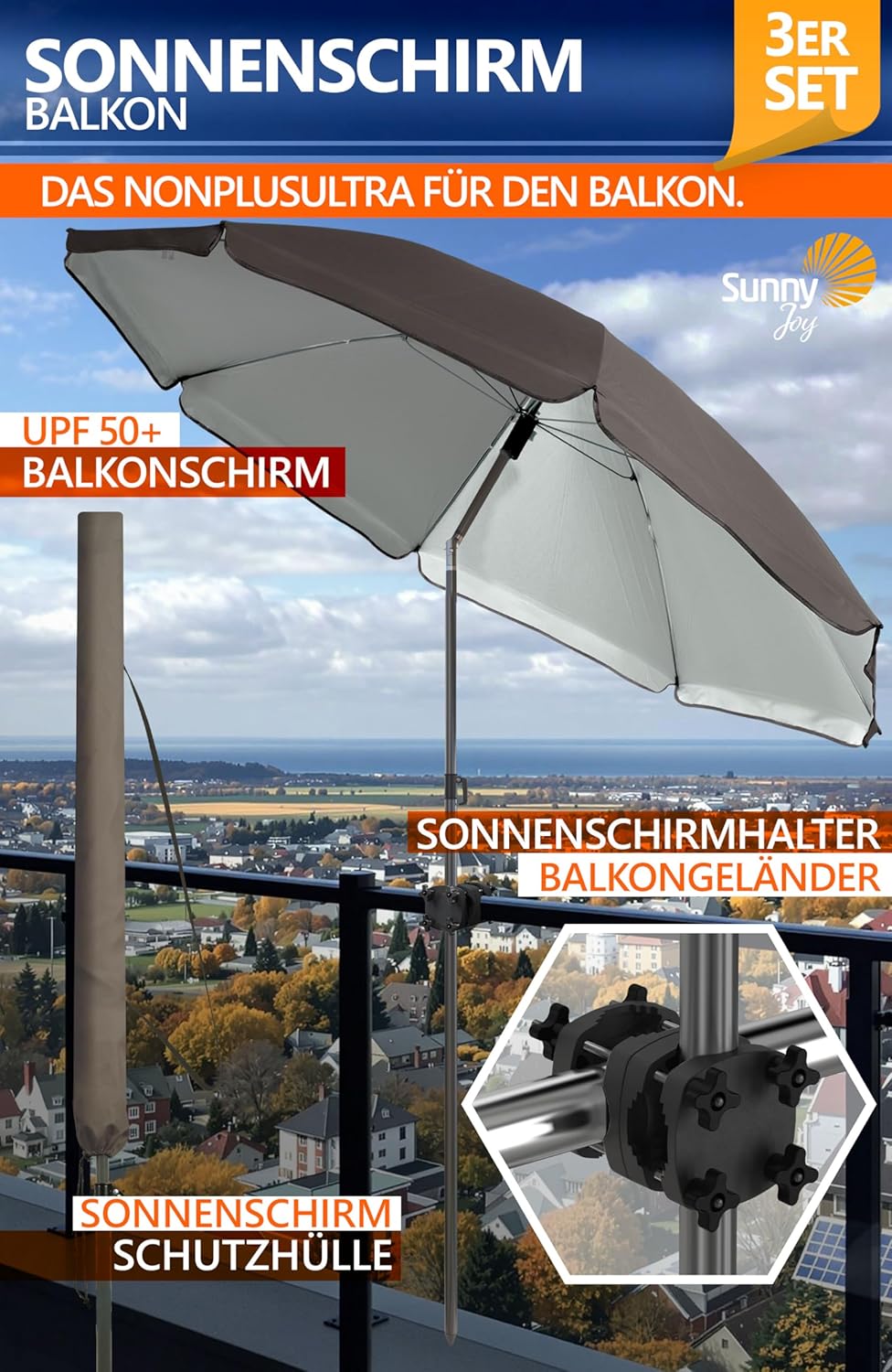 4smile Sonnenschirm Balkon SunnyJoy im 3er-Set - UPF 50+ Balkon Schirm 180 cm + Sonnenschirmhalter B