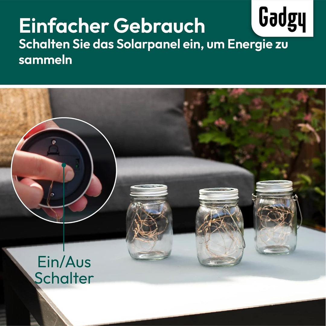 Gadgy Solarglas für Aussen Wasserdicht | Set 3 Stück | Gartendeko Draussen | Balkon licht | Terrasse