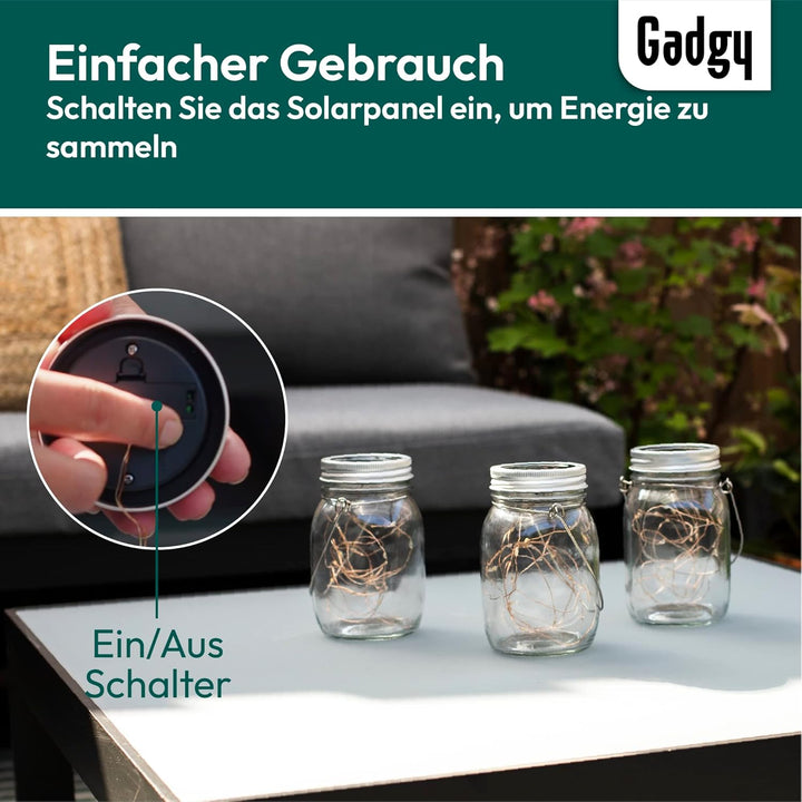 Gadgy Solarglas für Aussen Wasserdicht | Set 3 Stück | Gartendeko Draussen | Balkon licht | Terrasse