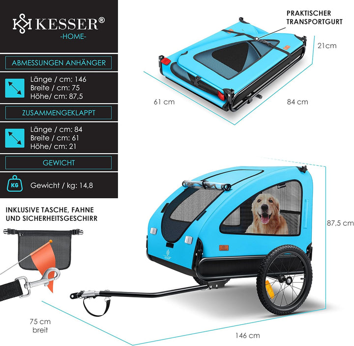 KESSER® Hundeanhänger Boxer 2-in-1 Hundebuggy Fahrradanhänger gross ca. 250L Volumen - Inkl. Fahne u