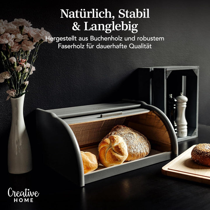 Creative Home Grau Brotkasten Holz | 38 x 28,5 x 17,5cm (+/-1cm) | Perfekte Brotbox für Brot Brötche