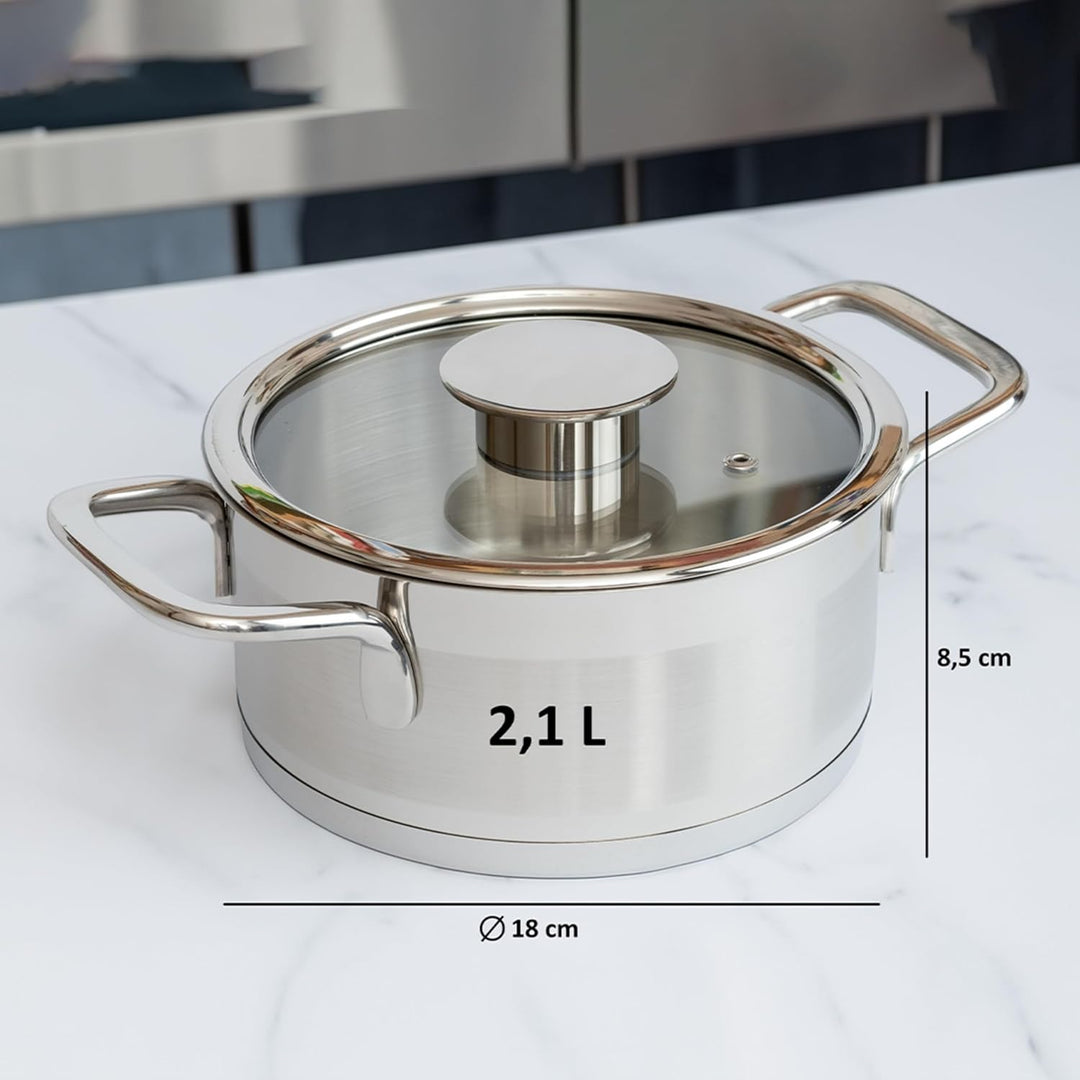 GRANA HOME Induktions Kochtopf aus 100% Edelstahl mit Deckel aus Glas mit Dampfloch, Bratentopf für