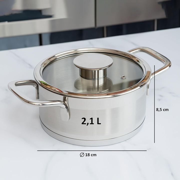 GRANA HOME Induktions Kochtopf aus 100% Edelstahl mit Deckel aus Glas mit Dampfloch, Bratentopf für