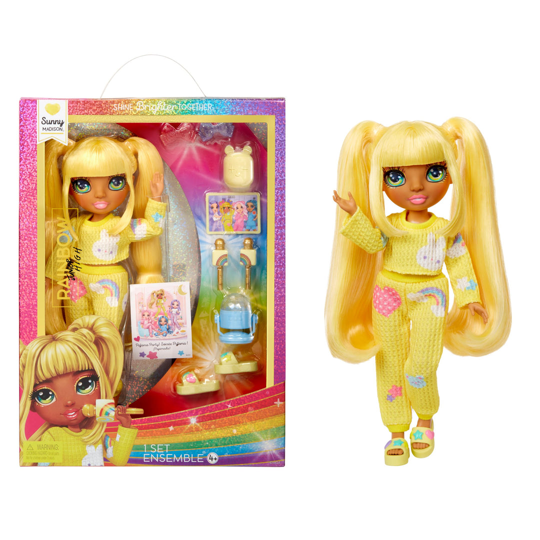 Rainbow High Junior High PJ Party - Sunny (Gelb) - 22 cm Puppe mit weichem Einteiler, Hausschuhen un