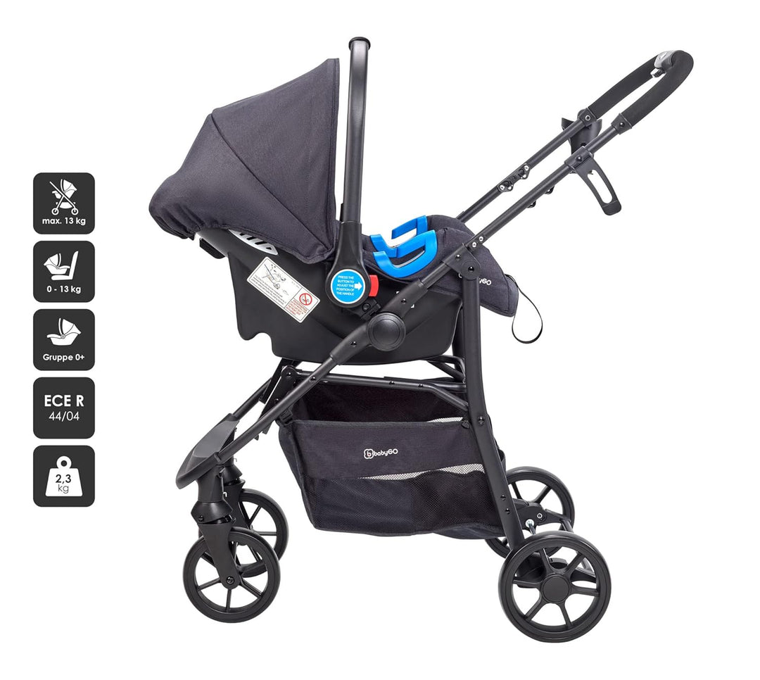 BABYGO Kinderwagen 3 in 1 Styles - Sportaufsatz und Wanne jeweils separat und Auto-Babyschale - Wick