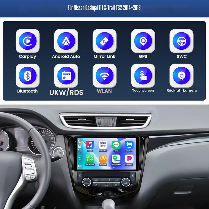 CAMECHO 4+64G 10 Zoll Android 15 Autoradio für Nissan Qashqai J11 X-Trail T32 2014-2018 mit Wireless