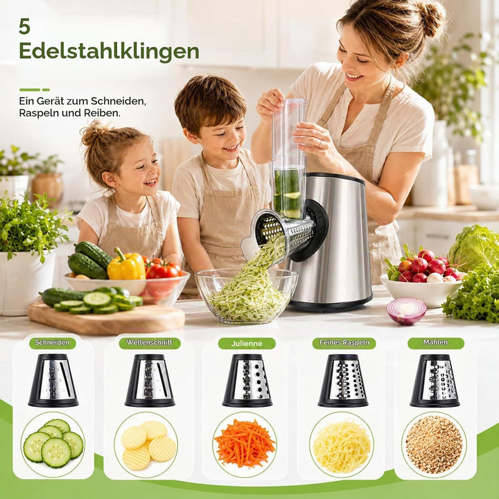 Elektrische 5-in-1 Gemüsehobel 800W, Gemüseschneider mit 5 Edelstahl-Trommeln, Gemüseschneider Elekt