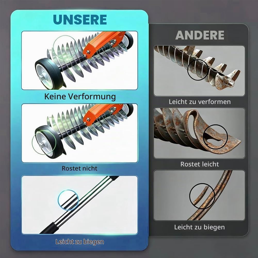 Handvertikutierer mit Stiel 163cm, Vertikutierer Hand mit Rollen, Vertikutierer Rechen, Metall Schne